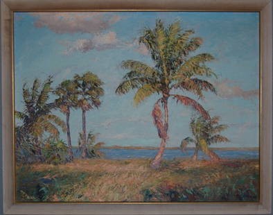 Albert E. "Beanie" Backus, Oil on Board: Albert E. "Beanie" Backus, oil on artist board, Indian River landscape with palm trees, signed lower right. Overall size 39.5 x 31.5. Some minor loss of paint in clouds but otherwise good original con