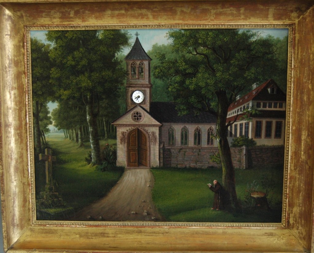 European Oil on Canvas Scenic Landscape: European oil on canvas of scenic landscape, depicting church and steeple with working clock. Painting is very detailed and in good condition. Frame 33.5 x 37.5. Painting lifts and props for clock acce