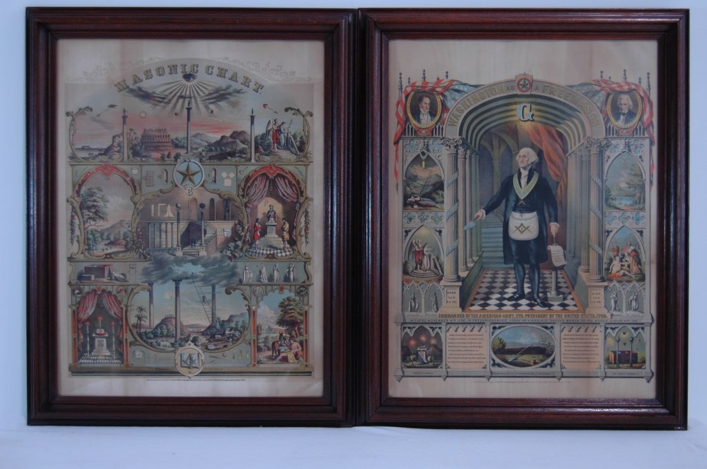 (2) 1867 Chromolithographs of Masonic History: (2) 1867 chromolithographs of early Masonic history; one depicts George Washington, the other a Masonic Chart. Both printed by Sturbridge and Co. Cincinnati, Ohio. Retains good color with some bleed t