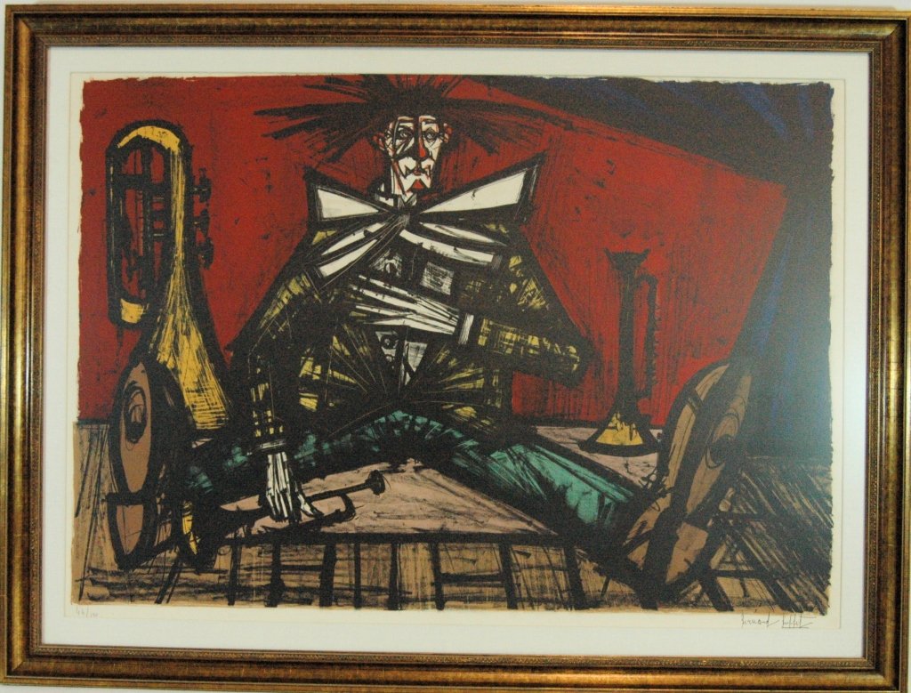 Bernard Buffet "The Musical Clown": Bernard Buffet "The Musical Clown", edition 44/120. Signed in pencil lower right, certificate en verso, from estate of original owner purchased in early 1970s. 46 x 34.5 overall size. Excellent condit