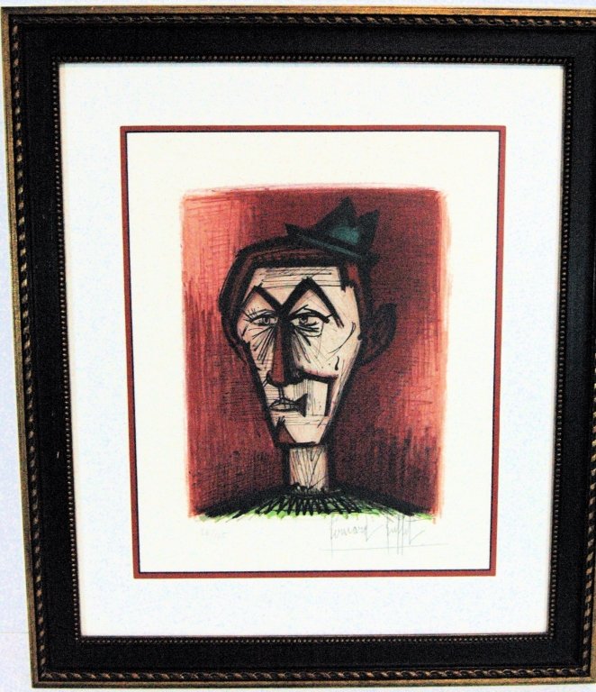 Bernard Buffet "Le Clown Rouge": Bernard Buffet "Le Clown Rouge", limited edition colored lithograph, 36/125. Pencil signed lower right, certificate from gallery en verso. From estate of original owner purchased in the 1970s. 23 x 27