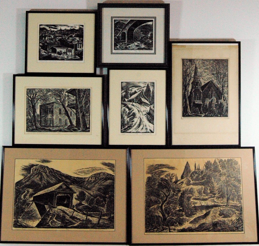 7 Woodcuts by Charles Swendorf: Group of 7 woodcuts by Charles Swendorf; Covered Bridge-O'Byrnes's Ferry, Mother Lode Landscape-Columbia, Little Red Church-Sonora, Masonic Hall-Columbia, Snow, Russian Town-San Francisco, Parrot's Fe