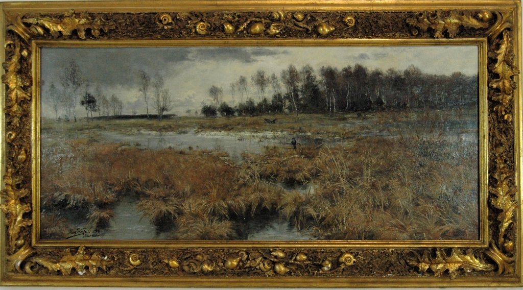 Max Weise, Oil on Canvas: Max Weise, oil on canvas landscape of marsh and lowlands, subtle wildlife, excellent work and detail in oak leaf and seashell gesso frame (some minor loss), 46.5 x 25. Entitled "February Day" dated 18