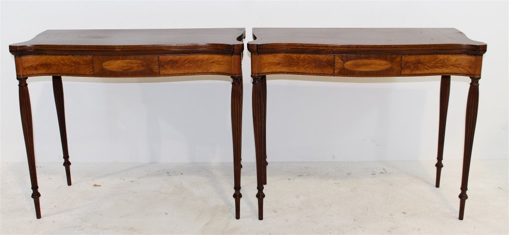 Pair of Sheraton Card Tables: Matched pair of American Sheraton period flip-top card tables. Mahogany with burled walnut panels, parquetry inlay. c. 1810, reeded column, swing legs, all original. Screw replacements for tops undern