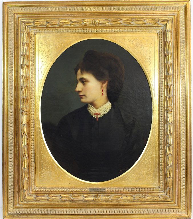 Mattyas (Milhaly) Kovacs, Oil on Canvas: Mattyas (Milhaly) Kovacs, 1818-1870 or 92, fine portrait of young lady, c. 1860, in excellent gold leaf frame, 32 x 36. Signed lower right, M. Kovacs. Good condition with normal craquelure for age.
