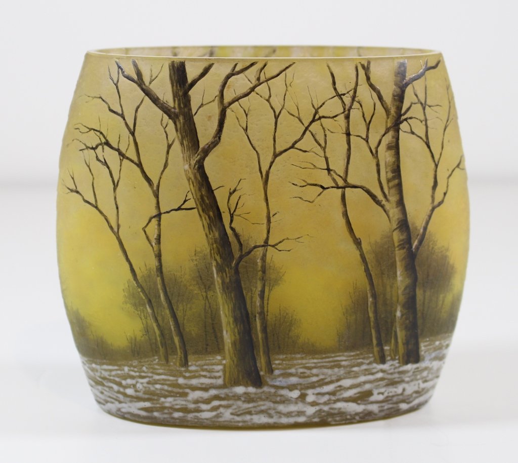 Daum, Nancy French Cameo Vase: Daum, Nancy, French cameo glass vase, winter scene, 4 colors, mint condition. 5.5" h.