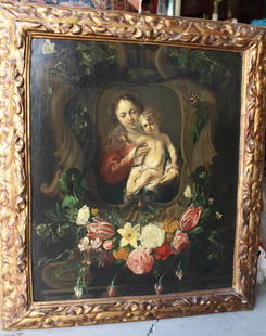 Madonna & Child Oil on Canvas: Madonna & Child, oil on canvas, late Renaissance period, rose laurels surrounding the two, beautiful faces. Frame is 28.5 x 32, paper labels en verso indicate Dresden origin. No visible artist's signa