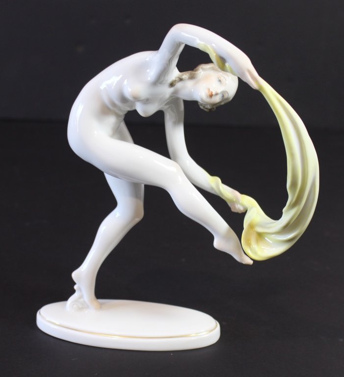 Herand Porcelain Nude Dancer: Herand porcelain nude dancer with veil, 9" x 8", mint condition.