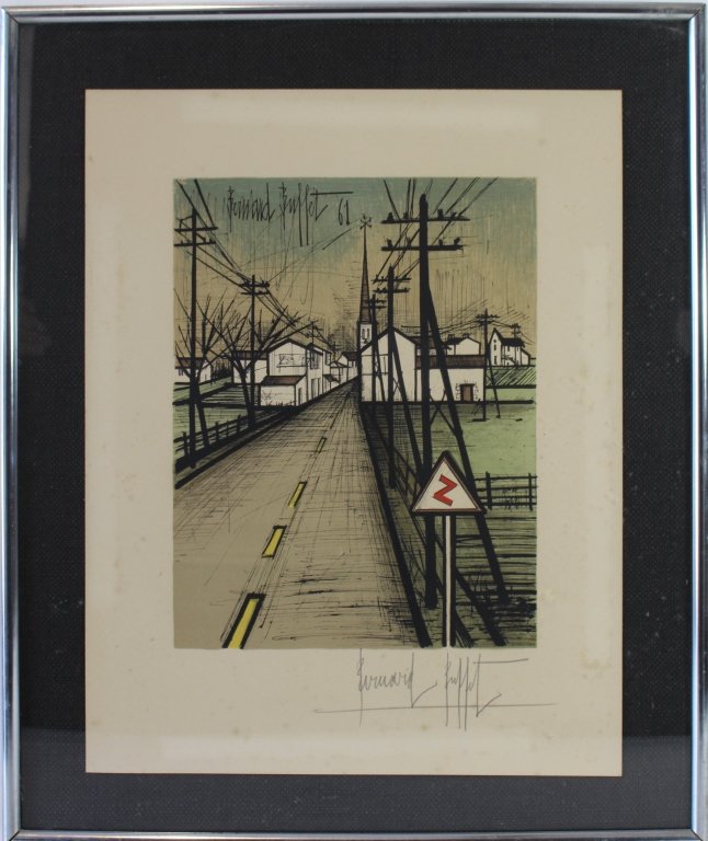 Bernard Buffet Lithograph: Bernard Buffet, lithograph "Road to the Village", pencil signed lower right in wide margin, printed by "Ch. Sorlier Grav.", 16" x 20", floated on black burlap background, frame 21" x 25", unopened, mi
