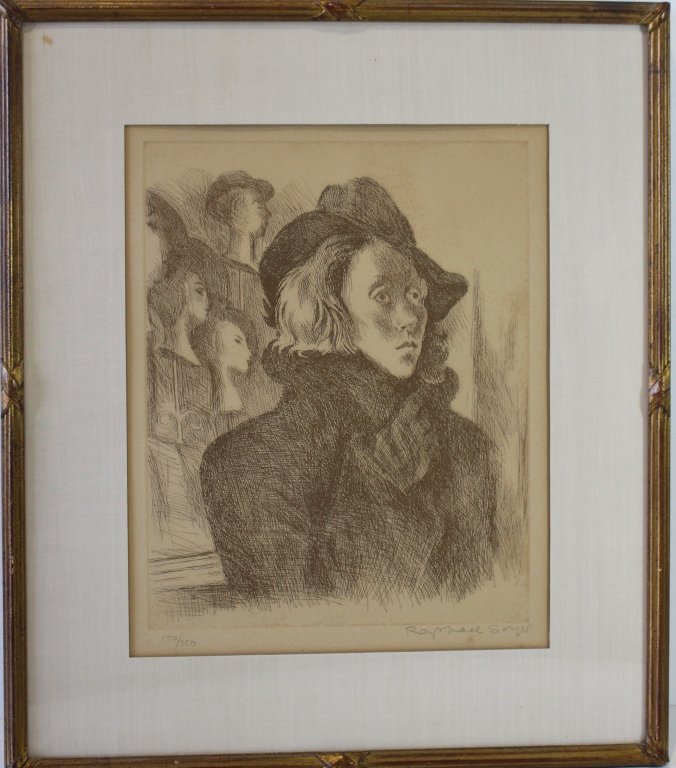 Raphael Soyer, 1899-1987: Raphael Soyer, 1899-1987, sepia tone etching, c. 1973, "Passerby", with signed COA en verso, framer's sticker. Image 12" x 15", frame 19" x 22". Very good condition. Note: new c. date.