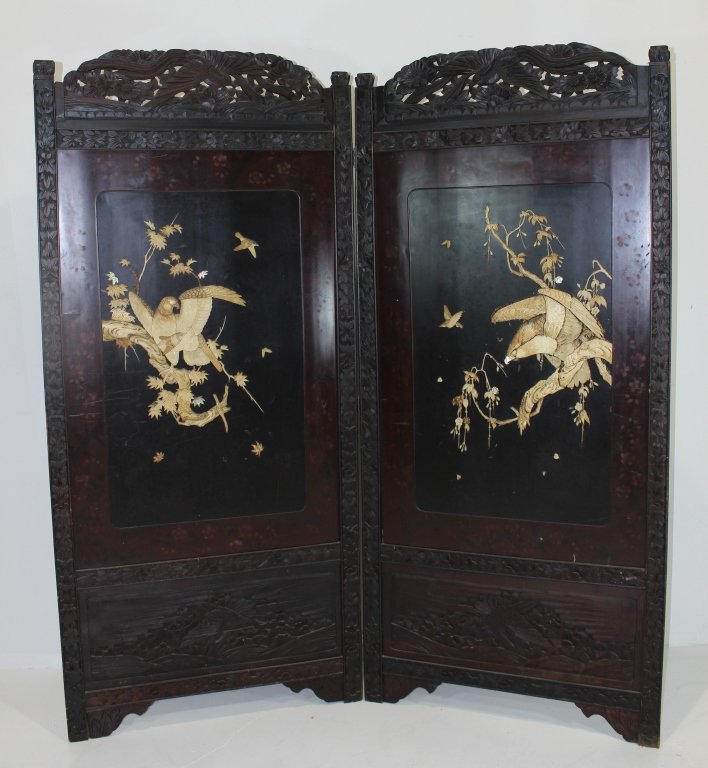 Chinese 2 Panel Screen: Chinese 2 panel screen, each decorated with applied ivory birds of prey, bamboo foliage, polychrome on frame, c. 1900, carved top, panel carved bottom, lacquered decorated back panels, good condition,