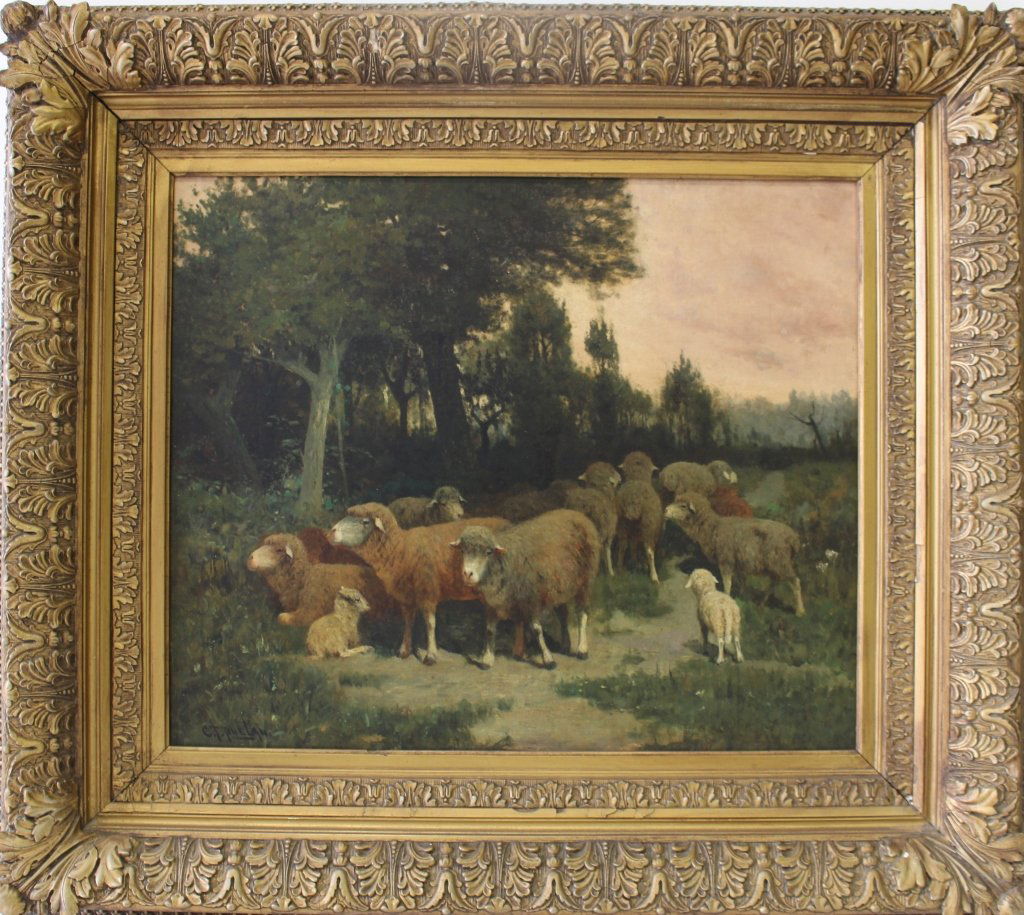 Charles T. Phelan, 1840-1917: Charles T. Phelan, 1840-1917, oil on canvas depicting sheep on country lane, trees in background, relined years ago, in very good condition, image 24.5" x 20.5" in original gesso frame 35.5" x 31.5".