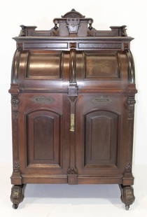 Wooten Desk, c. 1875: Wooten desk, c. 1875, all original, curly maple desk front on interior, wafer tag en verso. 70" x 41.5" x 31". (half round on top crest is replaced), Great condition.