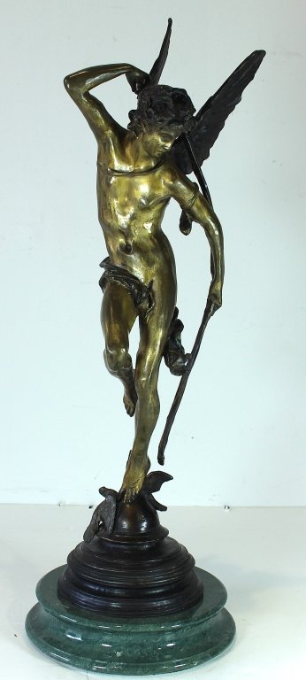 Bronze Angel, After J. Coutan: Bronze angel with bow and arrow, after J. Coutan, 20th century, on graduated marble base, unsigned. 27.5" tall, Good condition.