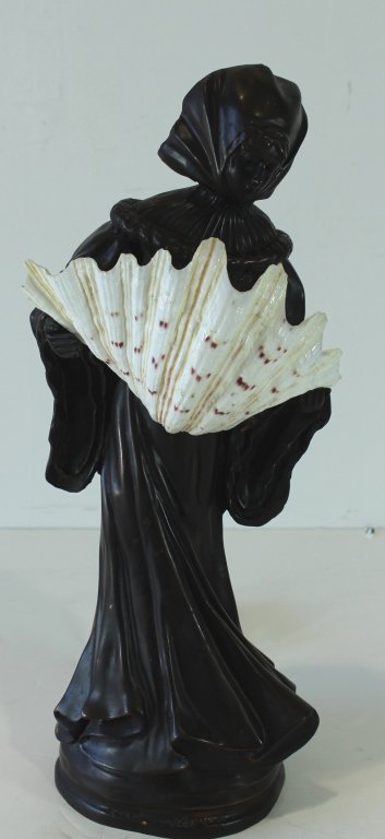 Bronze Figural Lamp: Bronze figural lamp, robed woman holding large seashell which is back lit of unique luminescence, unreadable artist's signature on base rim, 20th century, 20" tall, good condition.