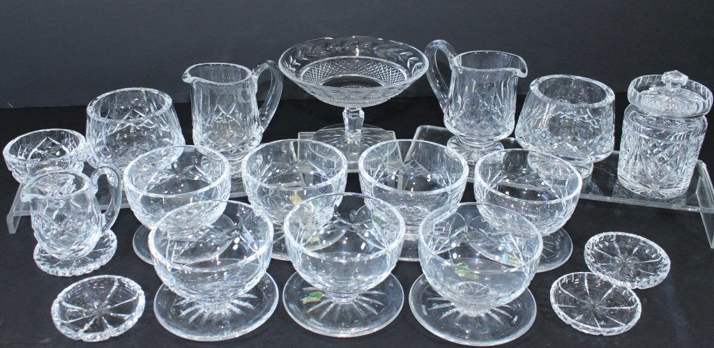 Waterford Crystal Group: Waterford crystal group: 7 footed grapefruit bowls, 3 sets of creamer & sugars, marmalade jar, pedestal dish, 4 coasters, 2-6" candle holders (not pictured). Primarily "Lismore", many with original fo
