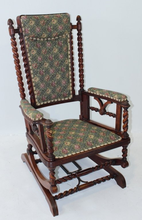 Hunzinger Platform Rocking Chair: Hunzinger platform rocking chair (unsigned), cherry with twisted column frame, tight spring base, fine rose tapestry upholstery. 42.5" x 26.5" x 21", c. 1890s.