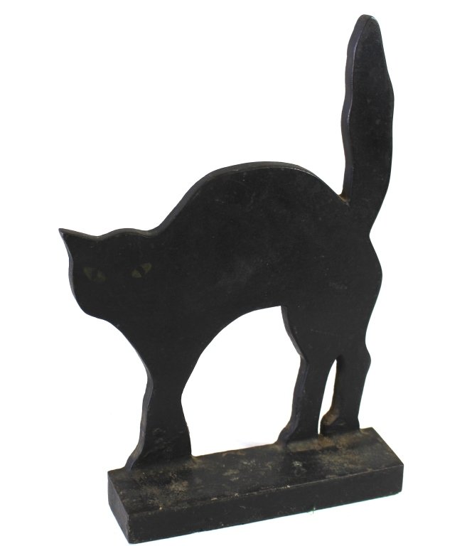 Early Folk Art Black Cat Doorstop: Early Folk Art black cat figural doorstop, one of a kind, forged from single piece of iron, hand painted eyes, c. 1900. 12".
