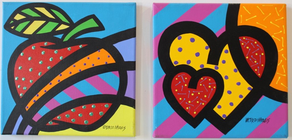 Valter De Morais, Acrylic on Canvas: Valter De Morais, acrylic on canvas. 2 original works: Apple and Heart, signed lower left, excellent condition. Each 12" x 12".