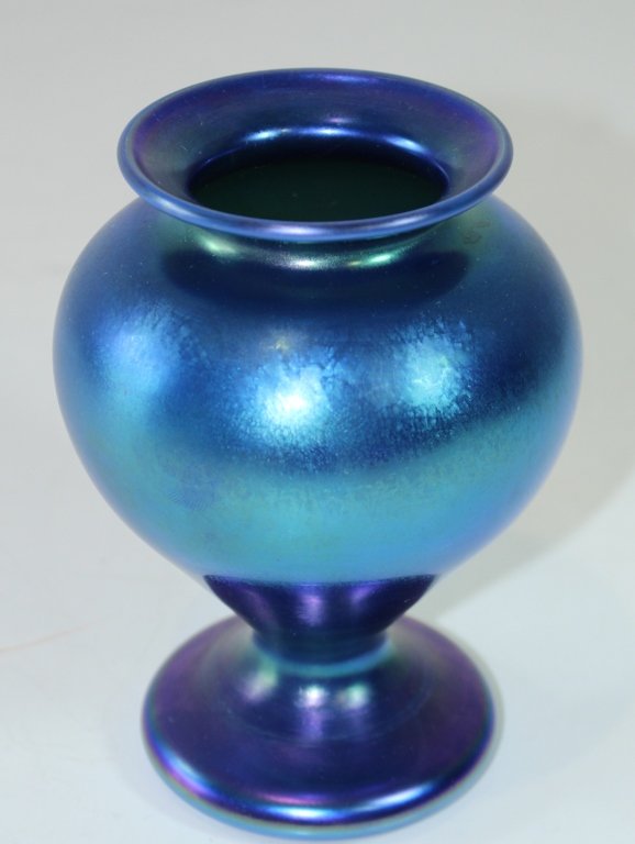 Orient and Flume Blue Art Glass Vase: Orient and Flume classic form in electric iridescent blue glass, etched signature with "GGX3", mint. 6.5".