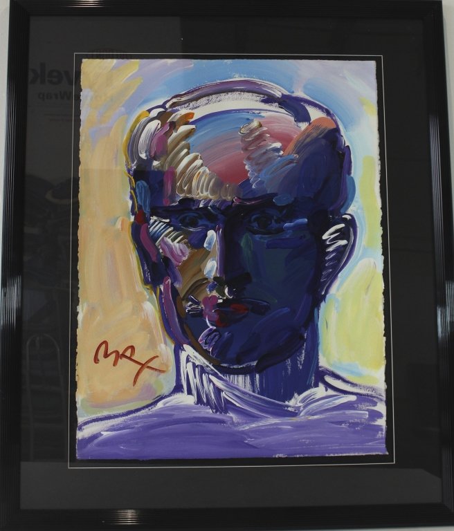Peter Max, Portrait of Man: Peter Max, Portrait of Man, acrylic on rag paper (see photo), signed lower left, image 31" x 24", frame 34" x 40" under plexiglass. Very good condition.
