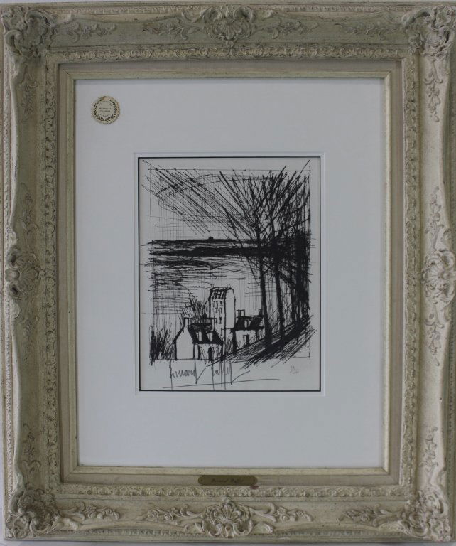 Bernard Buffet, "Landscape": Bernard Buffet "Landscape", original limited edition dry point etching, 28/100, pencil signed lower left, c. 1968, en verso tag states, "one of two signed and No'd plates from the first 100 De Luxe Co