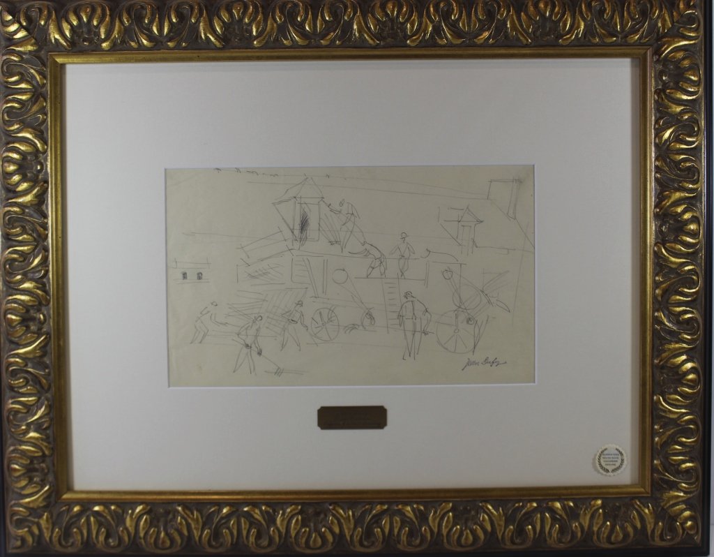 Jean Dufy, 1888-1964: Jean Dufy, 1888-1964, original pencil drawing on paper, "Street Cleaners", with stamped signature, from South Bank Gallery, Pittsburgh. Image 16" x 9" , frame under glass 26" x 32".