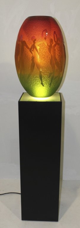 Duncan McClellan Cameo Art Glass Vase: Monumental Duncan McClellan cameo art glass vase "Dance of the Seven Veils", multi-layered colors from red to green, on custom lighted pedestal, 63" overall with base, vase is 22.5". 20th century, min