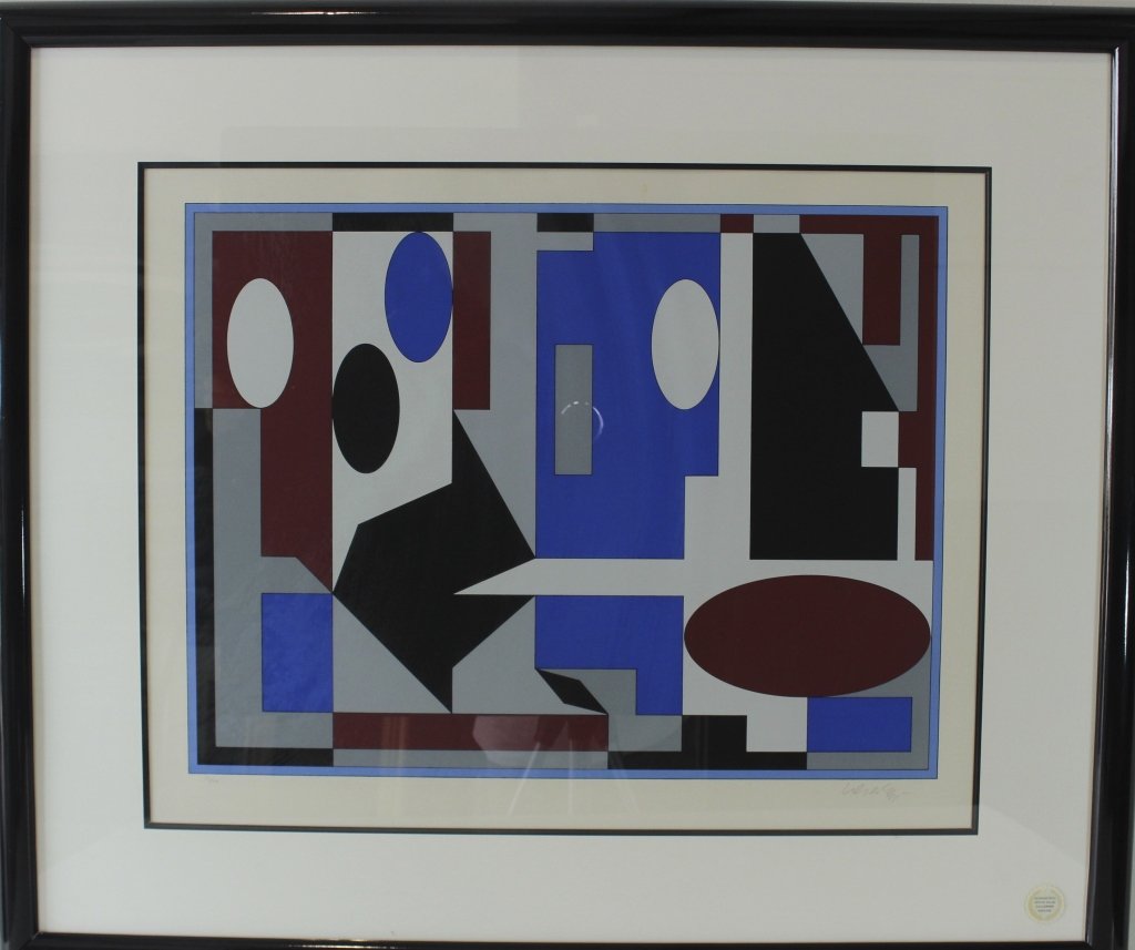 Victor Vasarely 1906-1997: Victor Vasarely 1906-1997, limited edition abstract lithograph, 33/250, in 70's black frame 40" x 34", image 28" x 23", good condition, c. 1970s.