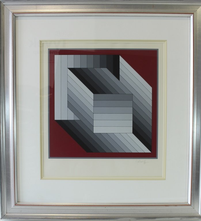 Victor Vasarely 1906-1997: Victor Vasarely 1906-1997, limited edition abstract lithograph, 148/200, pencil signed, very good condition in museum quality frame, image 19" x 21".