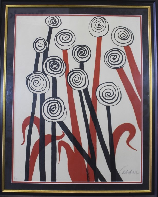Alexander Calder, 1898-1976 (after): Alexander Calder, 1898-1976 (after), Spiral Flowers, lithograph in colors, image 19.5" x 25.5", framed with double mat, signed in pencil lower right, edition 24/75 on Arches, France paper, excellent c