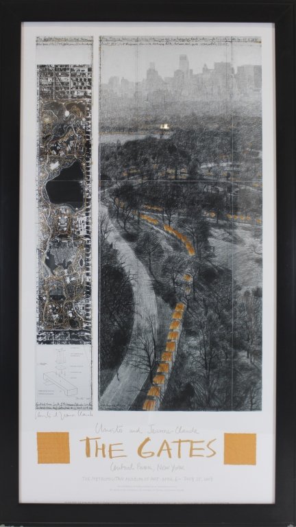 Christo and Jeanne-Claude Poster: Christo and Jeanne-Claude "The Gates of Central Park" poster, offset color lithograph published by the Metropolitan Museum of Art. This poster is pencil signed by Christo and Jeanne-Claude, it has 2 s