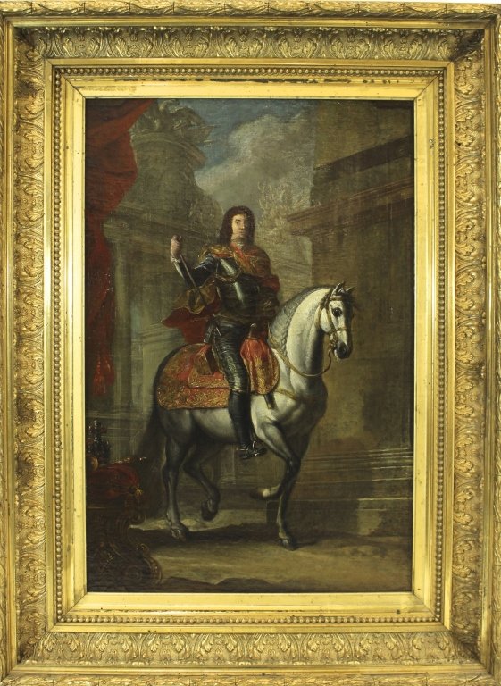 European Oil on Canvas: European oil on canvas laid on board, depicting armored Prince on white horse. Very detailed in gold acanthus leaf and beaded gesso frame 32" x 24", image 16" x 24". No visible signature, good conditi