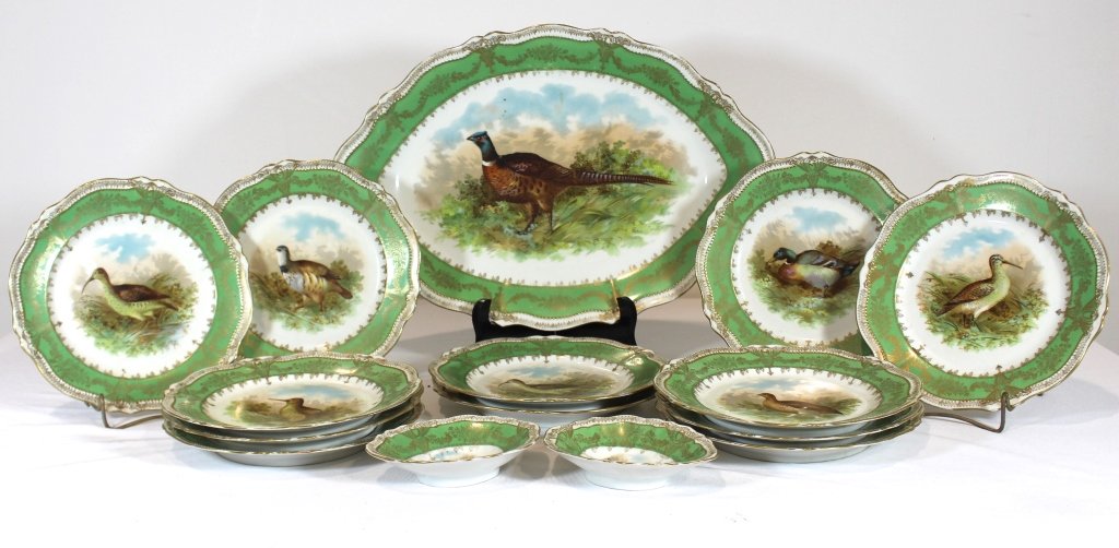 Oscar & Edgar Gutherz Game Set: Oscar & Edgar Gutherz, Royal Austria hand painted porcelain game set. Includes 18" platter, twelve 9" plates and 2 sauce boats, all with different game birds, all in good condition, each signed.