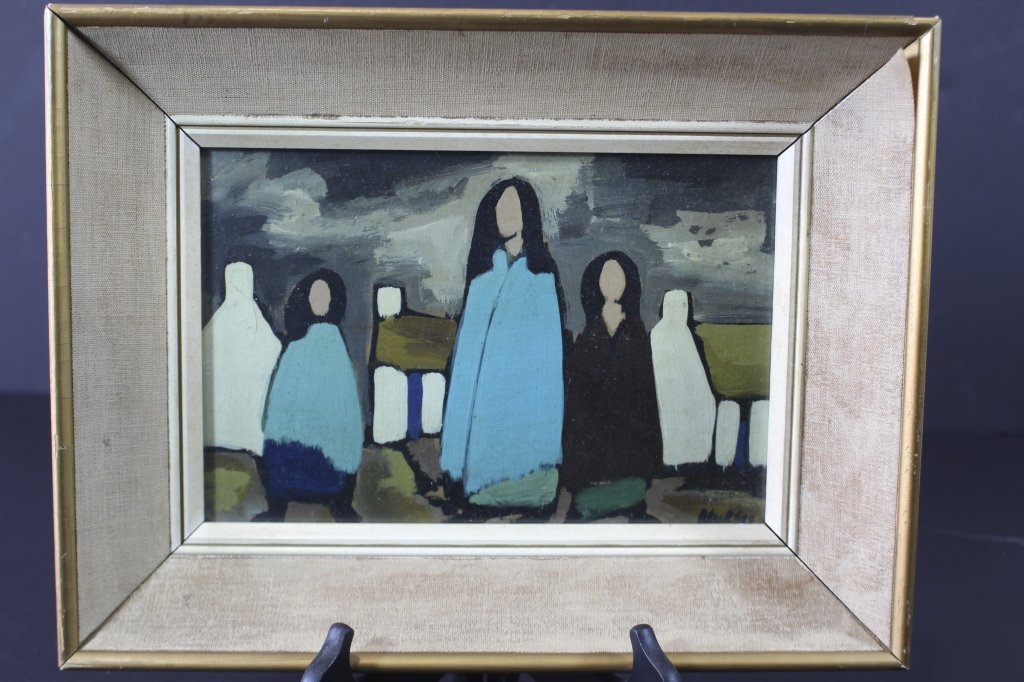 Markey Robinson, Irish 1917-1999: Markey Robinson, Irish 1917-1999, oil on board of three images, houses in background, under glass in original 14.5" x 11" frame, image is 10.5" x 7", good condition.