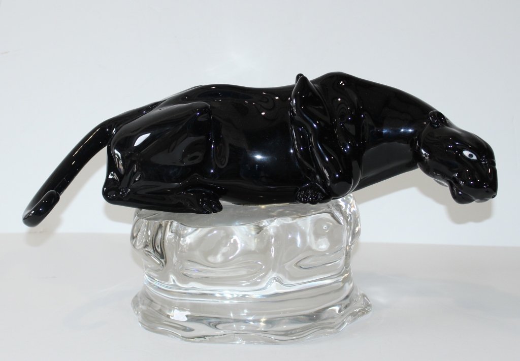 Pino Signoretti, Murano Sculpture: Pino Signoretti, Murano master glass sculpture artist of black panther crouching atop a crystal rock, etched signature, large, heavy, in mint condition. 19.5" long, 10" tall. Pino collaborated with Da