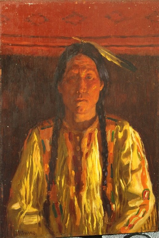 Joseph Henry Sharp, 1859-1953: Joseph Henry Sharp, 1859-1953, oil on wood panel "White Weasel". Pueblo man front facing with side glow of campfire, c. 1911-1915, image 9.5" x 14", frame 19.75" x 23", under glass. Sharp is recognize
