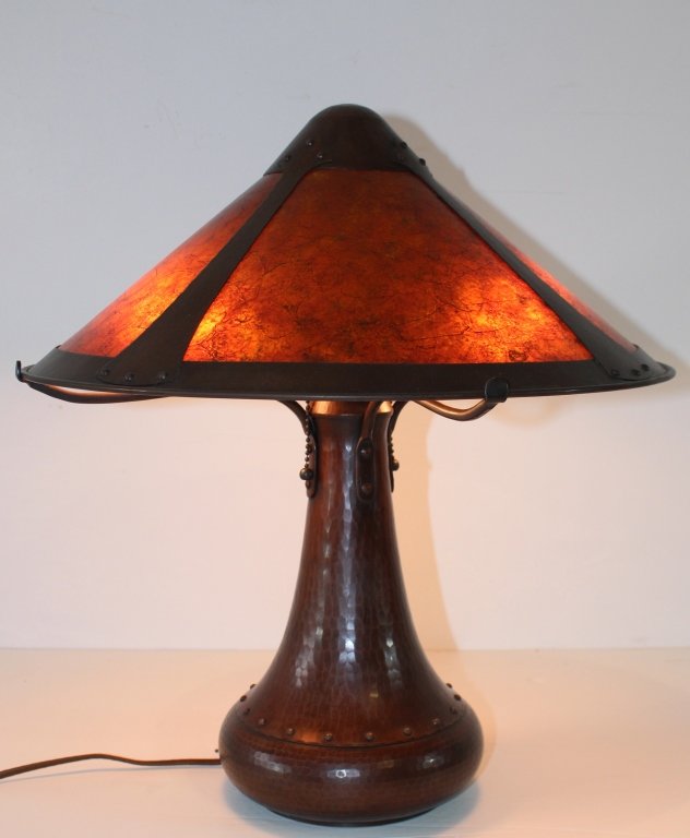 Michael Adams Studio Copper Lamp: Michael Adams Studio, Aurora, NY, hammered copper and mica table lamp in the style of Dirk Van Earp, signed and dated February 14, 2000. 18" tall, 18" diameter shade, 2 sockets, perfect condition.