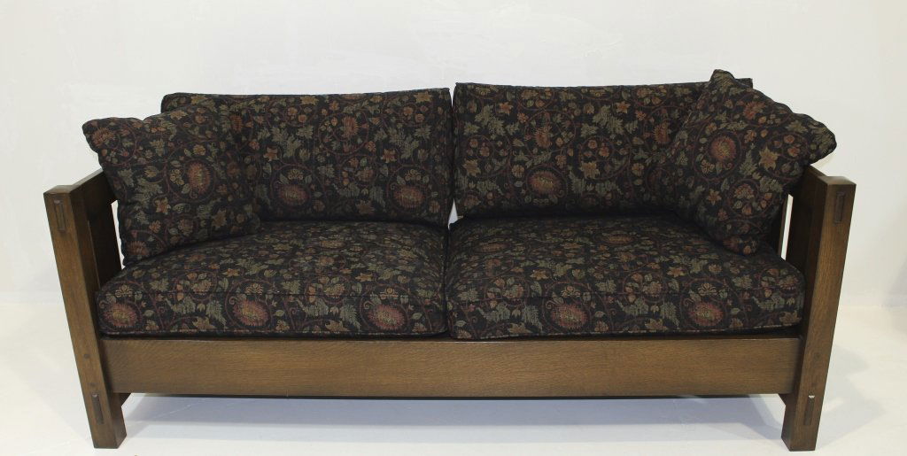 Stickley (new) Even Arm Settle: Stickley, Manilus, NY, (new), even arm settle, replica of Gus #208, 29" high, 77" wide, 34" deep, with William Morris style tapestry upholstery, metal conjoined compass tag and burned-in signature, in