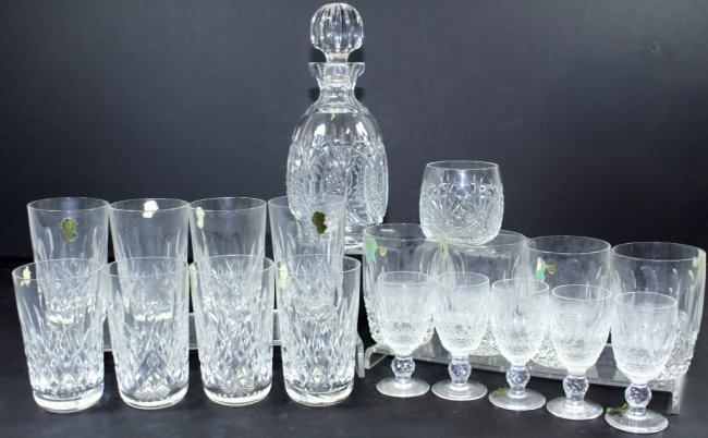 Waterford Crystal Group (19): Waterford crystal 19 pieces, Seahorse Spirit decanter and tumbler, 8 Lismore tumblers, 5 Coleen port wines, 4 Coleen highballs. All mint, most with original foil labels.