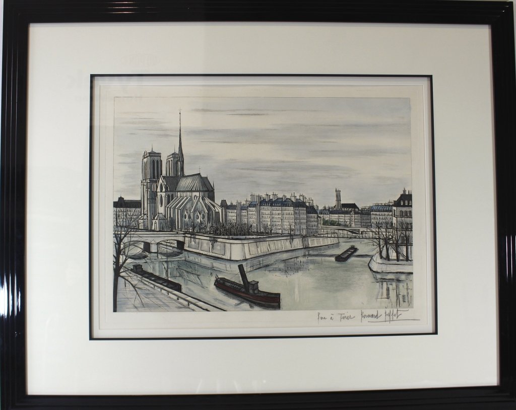 Bernard Buffet, Signed Lithograph: Bernard Buffet, pencil signed lithograph, entitled "Notre Dame et la Cite", matted and framed, 42" x 33".