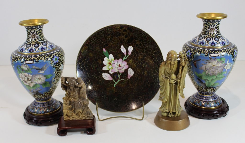Five Piece Asian Group: Five piece Asian group; 2 carved soapstone figures, 7.25" bearded Lohan, good condition. A carved scroll weight of Lohan 5", good condition. 3 pieces of modern cloisonne; pair of beautiful 10.25" tall