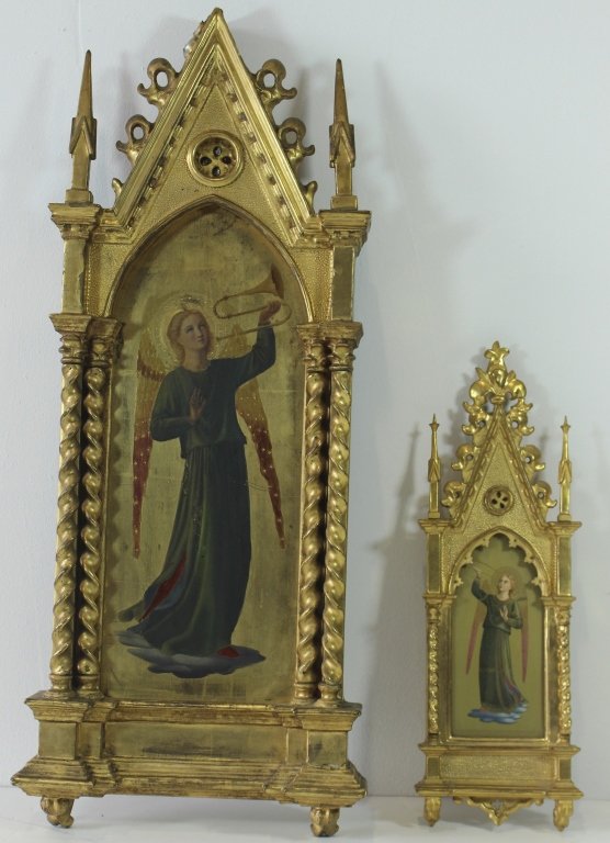 Two Western European Icons: Two Western European icons; both of Gabriel in gold gilt Gothic frames. Larger (26") is painted on wood panel, smaller (16") print on gilt paper, minor loss to embellishment top of larger frame. Overa