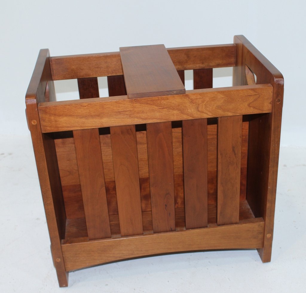 Stickley, (new) Cherry Canterbury: Stickley, Manilus, NY, (new) cherry canterbury, slatted sides, through tenons construction, Arts and Crafts style, signed with metal tag and brand, 17" x 18" x 12".