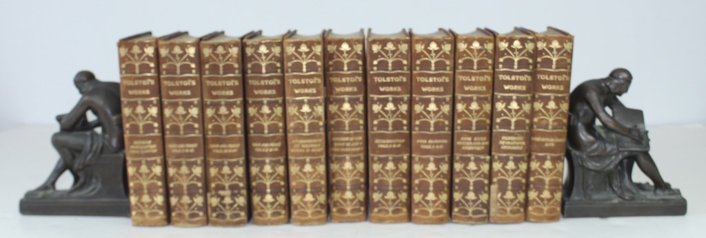 Complete Works of Leon Tolstoy: Complete works of Leon Tolstoy, in 11 bound books with front piece page dedication to dear friend from Vera Tolstoy, the authors' granddaughter, in 1997. Books are dated 1899 from The Kelmscott Societ