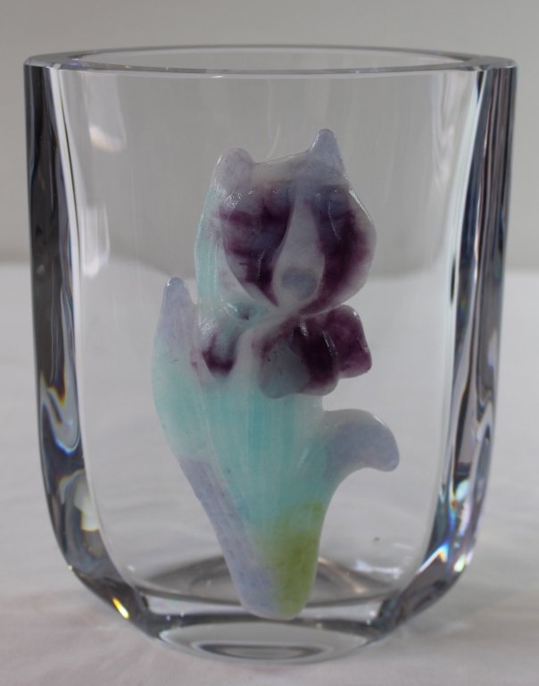Daum, France Crystal Pillow Vase: Daum, France crystal pillow vase with applied Pate de Vere floral decoration in purple and greens. 8.75" tall in great condition, etched signature near bottom.