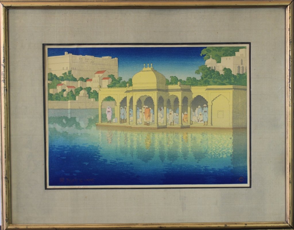 Charles William Bartlett, 1860-1940: Charles William Bartlett, 1860-1940, color woodblock print, "Prayers at Sunset", c. 1919, 10.5" x 15" in larger original frame. Signed lower left partially obscured by mat, good condition, not glued d