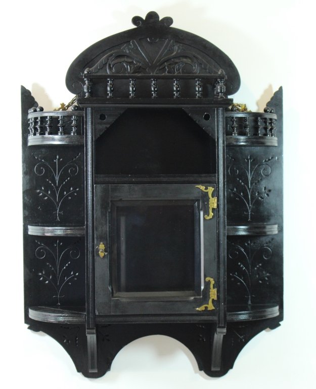 Aesthetic Movement Hanging Cabinet: Aesthetic Movement hanging cabinet, c. 1880, beveled glass door, side galleries and shelves, 37" x 24" x 7", a few balls missing from side gallery, otherwise good condition.