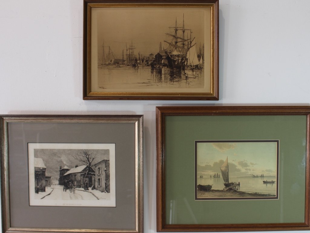 Group of Three Etchings: Group of 3 etchings: Carl Baagoe, 1883 colored etching of small sailboat at dock. Charles Beauverie etching "Rue Des Rosiers (Montmartre)". And Stephen Parrish 1883 harbor scene, largest in 20" x 16"