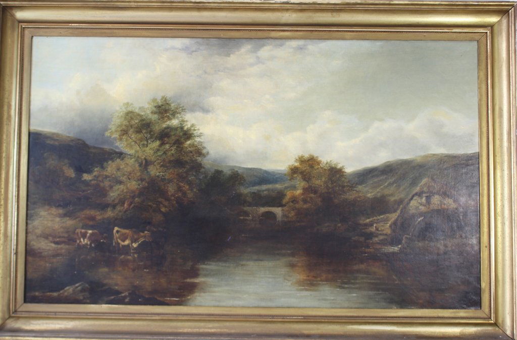 Large Oil on Canvas Landscape 1850-60: Large oil on canvas landscape with cows, a small river, bridge and water mill, mountains in background. This one has it all except artist's signature. c. 1850-60. Image 30" x 50.5", in gold frame 35"